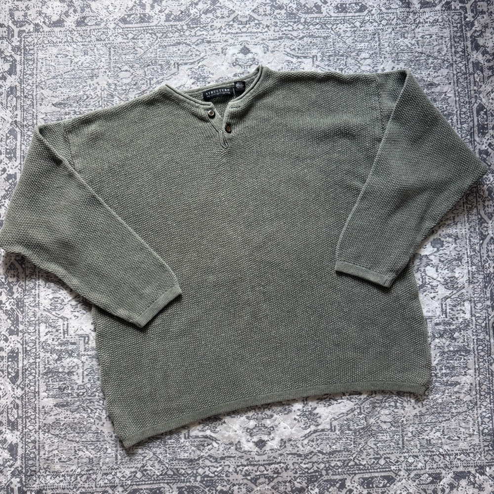 Vintage 90s Structure Knit Henley Sweater Mens XL Sage Green Ramie Cotton
